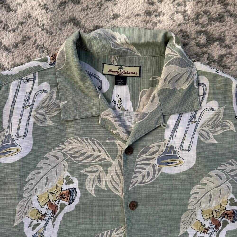 Tommy Bahama 100% Silk Jazz Music Light Green Button 
Down Shirt Size Large - Picture 4 of 7